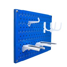 there is a blue pegboard with two hooks on it