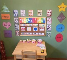 a child's table and chairs in front of a bulletin board with words on it