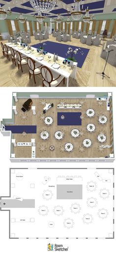 the floor plan for a restaurant with tables, chairs and chandeliers in it