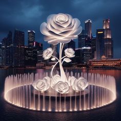 an illuminated rose fountain in front of a cityscape