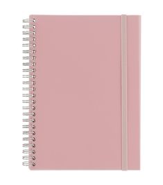 a pink spiral notebook on a white background