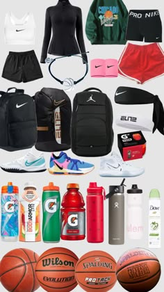 an assortment of sports gear including backpacks, water bottles and basketball