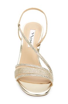 Jewel-encrusted straps and mesh insets add modern glamour to an occasion-ready slingback sandal set on a cushioned footbed and demi block heel. 3" heel Elasticized slingback strap Cushioned footbed Synthetic and textile upper and lining/leather sole Imported Mom Wedding Dress, Jewel Encrusted, Cute Shoes Heels, Shoes Design, Baby Sandals, Gold Heels, Women Sandals, Slingback Sandal, Sandal Women