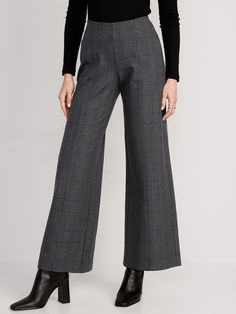 Grey Plaid Pants Outfit, Lawyer Vibes, Wide Leg Plaid Pants, Grey Plaid Pants, Slacks Outfit, Plaid Pants Outfit, White Pants Casual, Christmas List 2022, Wide Leg Linen Trousers