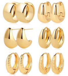 PRICES MAY VARY. 【Fashion Design Gold Earrings Set】You will get 9 pairs gold hoop earrings of different size and design. They are classic style that will never go out of fashion. One set will suit you for all occasions and outfits. You can wear it alone or wear several together. A good match makes you more elegant and charming. 【High Quality Material Guarantee】Our huggie earrings for women are 14k gold plated, free of lead and nickel, and hypoallergenic. You don’t worry about fade or rust. Gold- Gold Hoop Earring Set, Gold Thick Hoop Earrings, Gold Hoop Earrings Aesthetic, Winter Jewelry Trends, Plain Earrings, Thick Earrings, Christmas Sleepover, Chunky Gold Earrings, Hoop Earrings Aesthetic