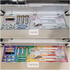 an open drawer with various tools in it and labeled labels on the bottom side that read mardle, rainbow