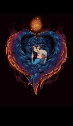 two people hugging each other in front of a heart shaped fire and water pattern with the sun above them