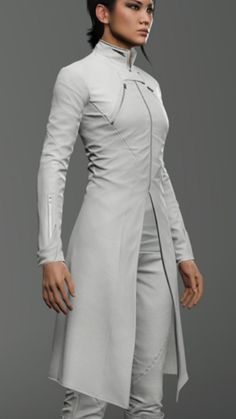 Future Aesthetic Sci Fi Outfit, Space Uniform Design, Futuristic Doctor Concept Art, White Jedi Outfit, Sci Fi Winter Clothes, Futuristic Business Suit, Futuristic Formal Wear, Sci Fi Dress Future Fashion, Futuristic Lab Coat