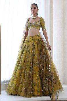 Yellow lehenga with floral print in a flowy silhouette, embellished by sequins. Comes with matching blouse and dupatta. - Aza Fashions Magic Manifestation, Mahima Mahajan, Lehenga Style Saree, Eastern Wear, Indian Bridesmaid Dresses, Lehenga Red, Manifestation Tips, Bollywood Outfits, Lehenga Style