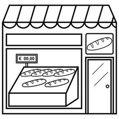 a black and white drawing of a store front with bread in the oven on display