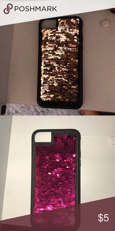 two pictures of the same phone case, one with pink and gold sequins on it