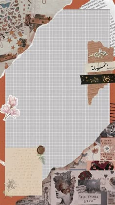 a collage of different papers with flowers and other things on them, including an orange piece of paper