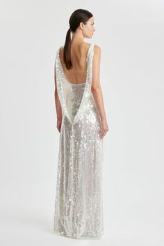 Leoni Evening Dress In Clear & White Sequins | Emilia Wickstead Haute Couture, Couture, Runway Couture Gowns, Elie Saab Wedding Dresses, Sequin Bridal Dress, Sheer Bridal Gown, Rehersal Dress, Elie Saab Wedding Dress, White Sequin Dress