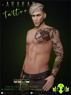 an image of a man with tattoos on his arm and chest, standing in front of a green background