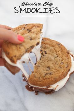 a person is holding a cookie chip sandwich