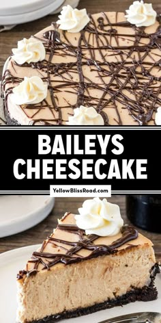 Top picture is a full cake and bottom is just a slice of Baileys Cheesecake Bailey Cake Recipe, Bailey Rhatigan Recipes, Baileys Irish Cream Pie, Baileys Cake Recipe, Dessert With Baileys, Baileys Deserts Recipes, Bailey Cheesecake Recipe, Desserts With Baileys, Baileys Pie