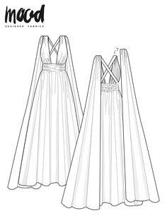 the sewing pattern for an evening gown with capes on top and back, is shown in