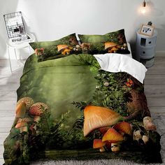 a bed covered in a green comforter with mushrooms and other things on the floor