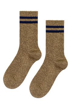 Shimmer from day to night in these soft ribbed socks with twinkling metallic yarns set against sporty contrast stripes. Metallic fibers/nylon Hand wash, dry flat Made in Japan Ribbed Socks, Metallic Yarn, Day To Night, To Night, Basel, Night In, Crew Socks, Made In Japan, Hand Wash