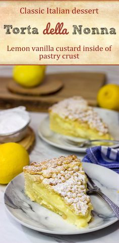 a slice of torta dela noma on a plate with lemons in the background