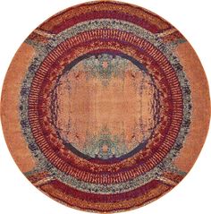 a round rug with an orange and blue design on the center, surrounded by smaller circles