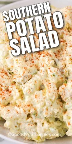 a white plate topped with potato salad and the words southern potato salad on top of it