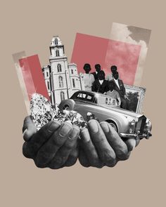 two hands holding an old car with people in the background and red squares over them