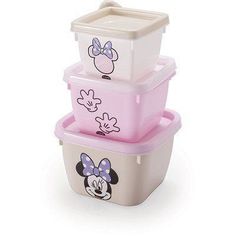 three plastic containers with minnie mouse designs on them