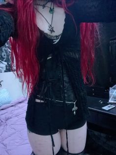 weird red hair alt girl alt outfit thigh highs Red Hair Alt Girl, Red Hair Alt, Purple Goth, Hippie Goth, Extra Outfits, Alternative Makeup, Alt Girl, Goth Aesthetic