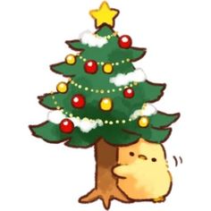 a drawing of a christmas tree with a hamster under it