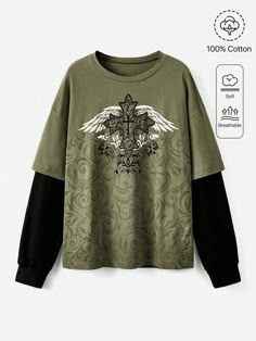 Women's Color Block Wing Pattern Drop Shoulder Long Sleeve 2 In 1 T-Shirt, School Army Green Casual  Long Sleeve Fabric Halloween  Slight Stretch  Women Clothing, size features are:Bust: ,Length: ,Sleeve Length: Wing Pattern, Emo Shirts, Punk Woman, Baggy Shirt, Grunge Shirt, Layered Shirts, Punk Outfits, Grunge Punk, Swaggy Outfits