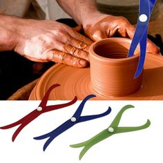 two hands working on a clay pot with scissors