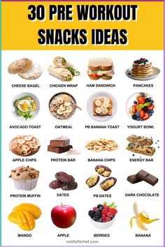 the 30 pre - workout snacks poster is shown