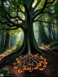 a large tree with many orange flowers growing out of it's roots in the forest