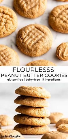 peanut butter cookies stacked on top of each other with the words, flourless peanut butter cookies