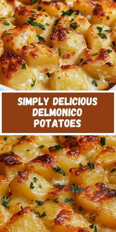 two pictures showing different types of potatoes with the words simply delicious delmonicoo potatoes