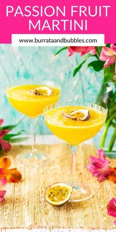 two glasses filled with passion fruit martinis