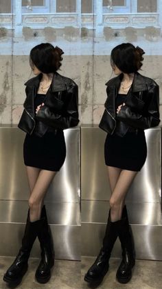 Langere Top Outfits, Little Black Dress Leather Jacket, Outfits With Short Leather Jackets, Short Dress With Leather Jacket, Short And Jacket Outfit, Feminine Edgy Style Outfits, Ropa Dark Aesthetic, Black Short Jacket Outfit, Aesthetic Black Outfits Korean