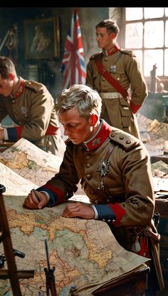 a man in uniform looking at a map while other men stand behind him and look on