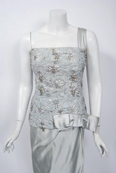 1955 Maggy Rouff Haute Couture Ice Blue Beaded Metallic Silk One-Shoulder Gown at 1stdibs Maggy Rouff, 1930s Wedding Dress, Belted Wrap Dress