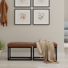 three framed pictures hang on the wall above a bench with a blanket draped over it