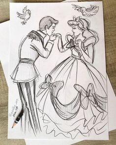 a drawing of a man and woman dressed up as disney characters