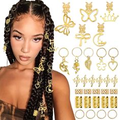 PRICES MAY VARY. Package Contains:You will get 40pcs gold braids accessories including hair charms,hair cuffs and hair rings.Delicate design hair decoration can make your hairstyle more attractive and charming. Good Quality:These silver dreadlock hair charms are made of metal alloy,which makes our product has glossy surface,sturdy and durable.Not easily broken and can be used for a long time. Easy to use:These braids rings and hair cuffs are easy to use,no tools required.Just braid the hair into Loc Charms, Gold Hair Jewelry, Gold Braids, Braids Accessories, Butterfly Braids, Hair Accessories Braids, Hair Jewelry For Braids, Butterfly Braid, Rings Delicate