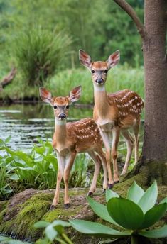 two young deer standing next to each other on a lush green field near a river