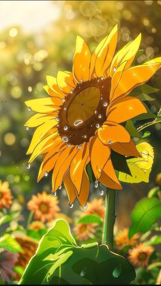 a sunflower with drops of water on it