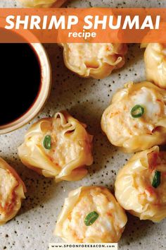 shrimp and cheese dumplings on a plate with dipping sauce in the background text reads shrimp shumai recipe