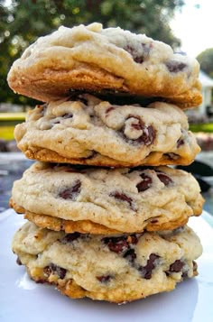 a stack of chocolate chip cookies sitting on top of a white plate