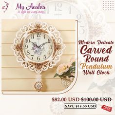 an advertisement for a jewelry store with a clock and flowers on the wall next to it