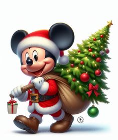 a mickey mouse carrying a christmas tree