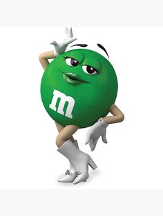 a green ball with the letter m on it's face and hands holding two white gloves